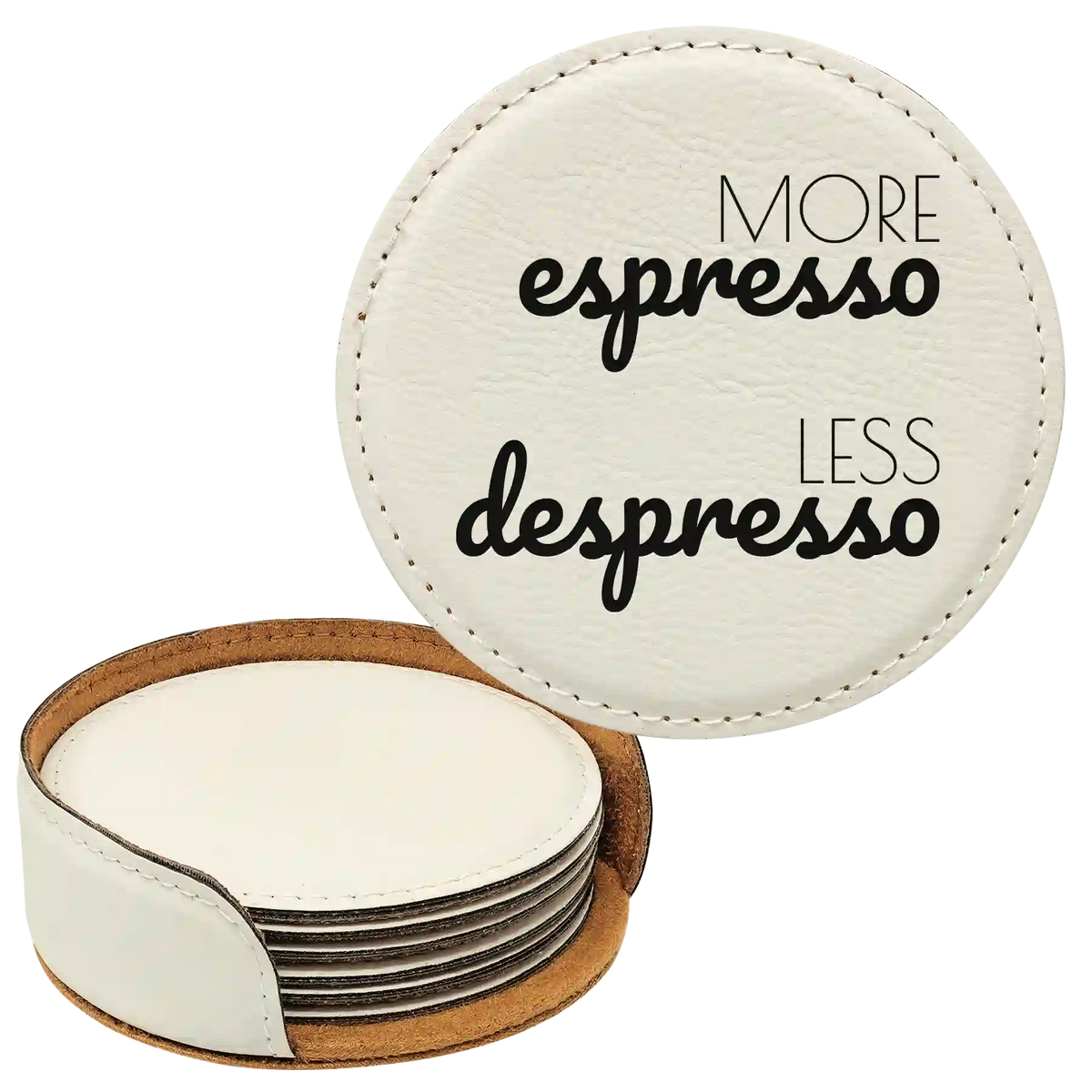Coffee Themed 6 Pack 2 Round Leatherette Coasters Set of 6 | White