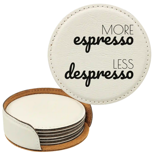 Coffee Themed 6 Pack 2 Round Leatherette Coasters Set of 6 | White
