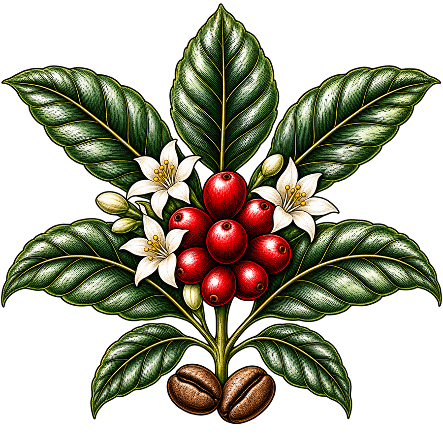 Illustration of a coffee plant with leaves, flowers, and cherries