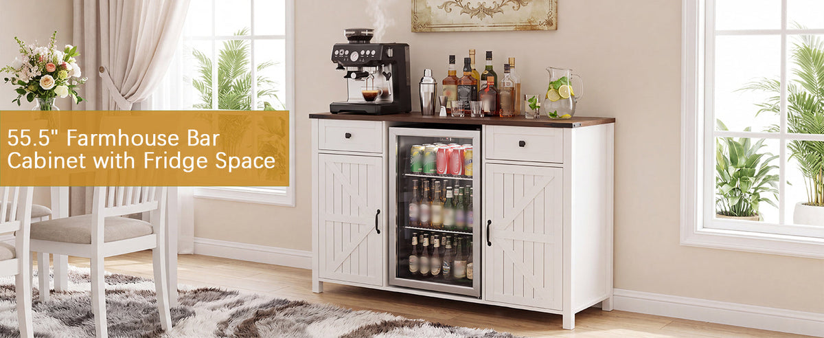 Farmhouse Coffee Bar with Mini Fridge Space and Charging Station