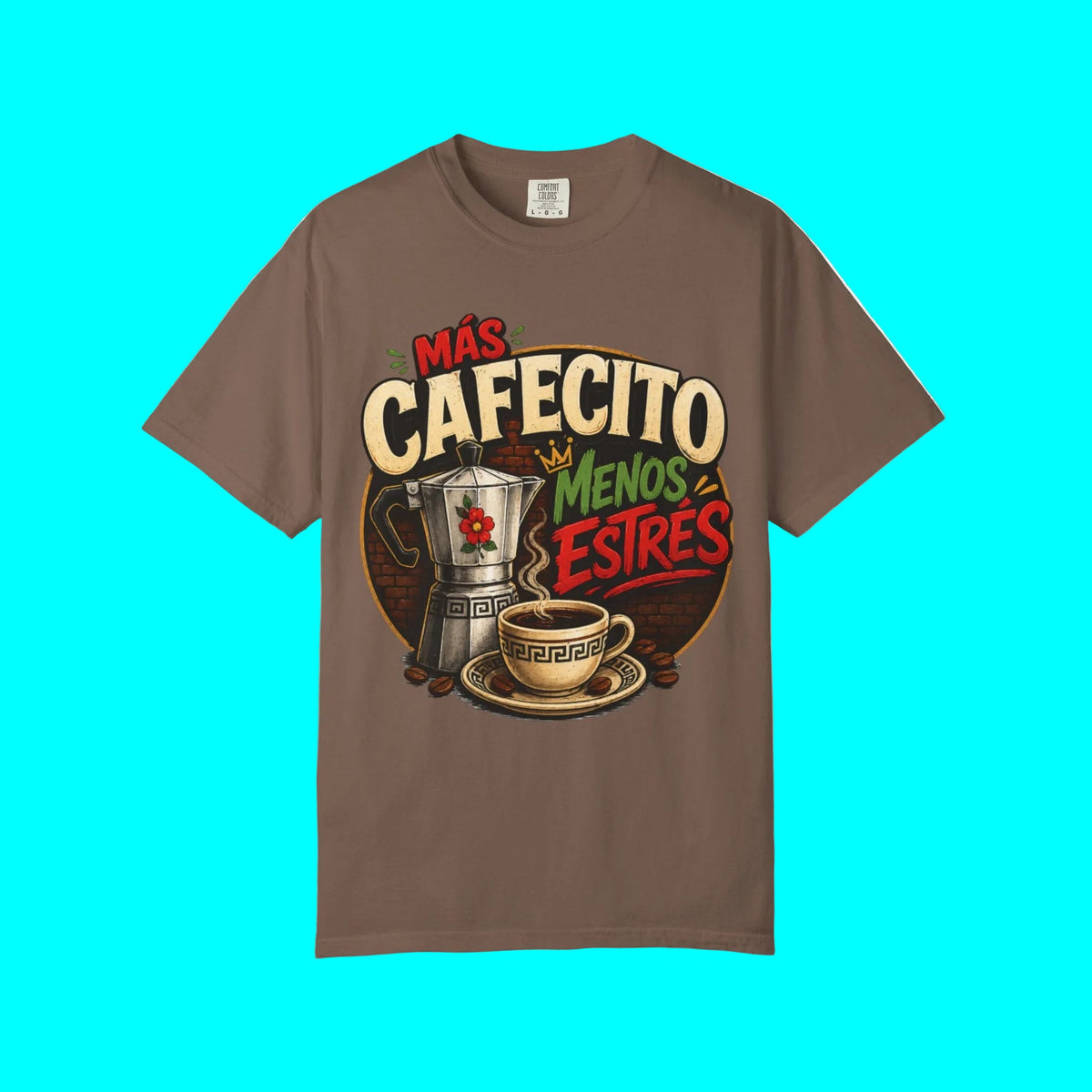 MAS CAFECITO, MENOS ESTRES (More coffee, less stress) T-shirt | Classic Greca, Funny Latino Pride | Heavyweight Cotton