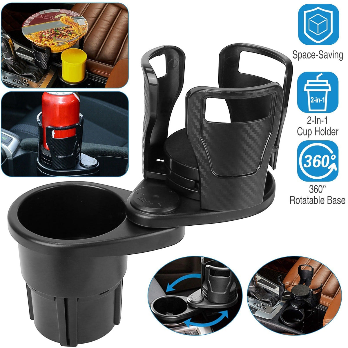 2 In 1 Car Cup Holder Extender Adapter 360¡ Rotating Dual Cup Mount Organizer Holder For Most 20 oz Up To 5.9" Coffee Drinking Bottles Key Glass Stora