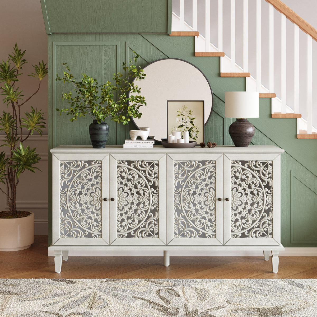 Antique Buffet Cabinet with Floral Carvings and Solid Wood Legs - Antique Grey White