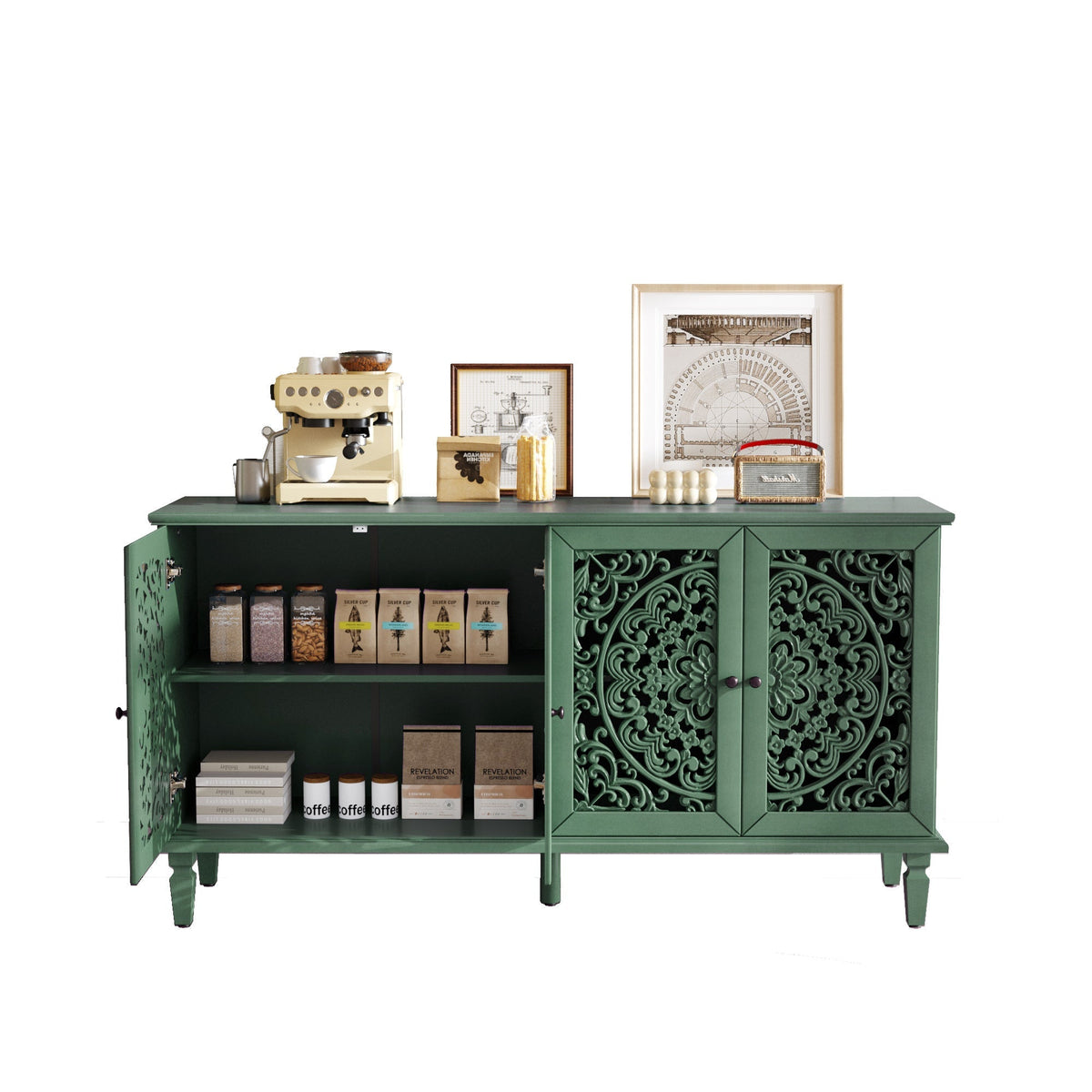 60-Inch Antique Buffet Cabinet with Floral Carvings - Antique Green