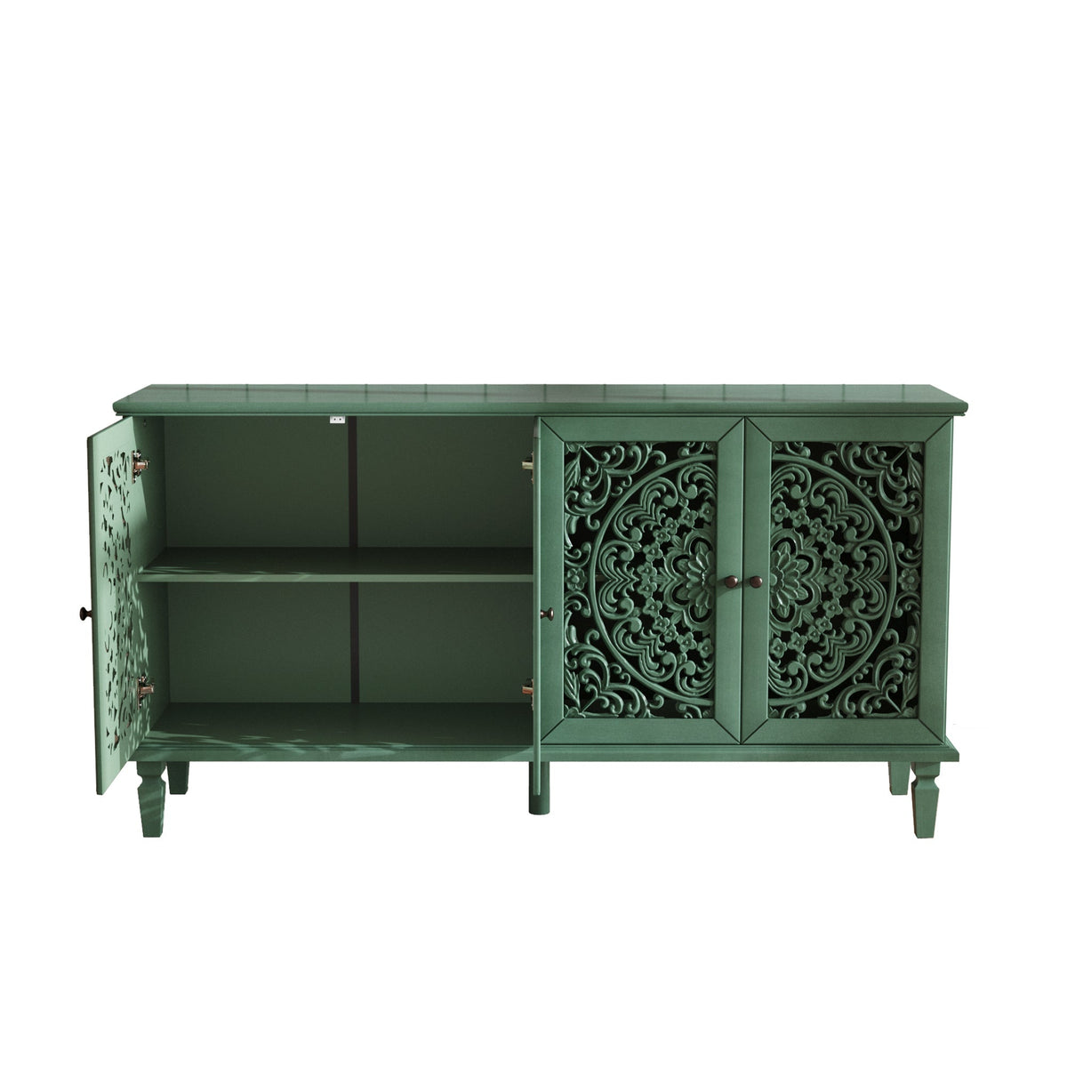 60-Inch Antique Buffet Cabinet with Floral Carvings - Antique Green