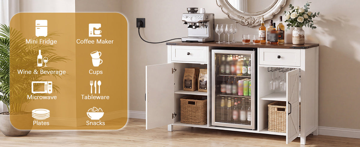 Farmhouse Coffee Bar with Mini Fridge Space and Charging Station