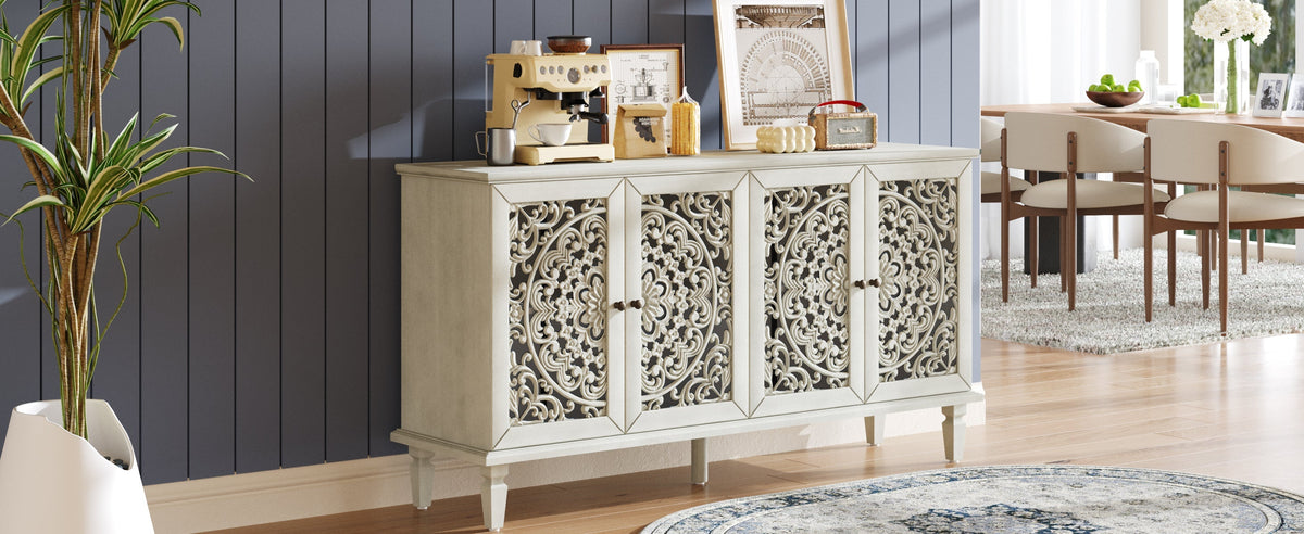 Antique Buffet Cabinet with Floral Carvings and Solid Wood Legs - Antique Grey White