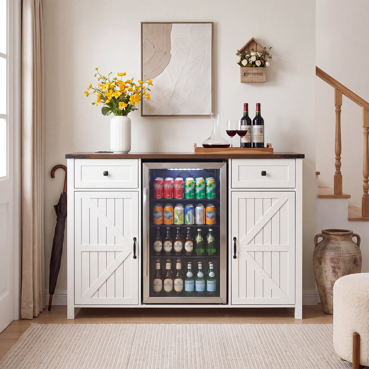 Farmhouse Coffee Bar with Mini Fridge Space and Charging Station