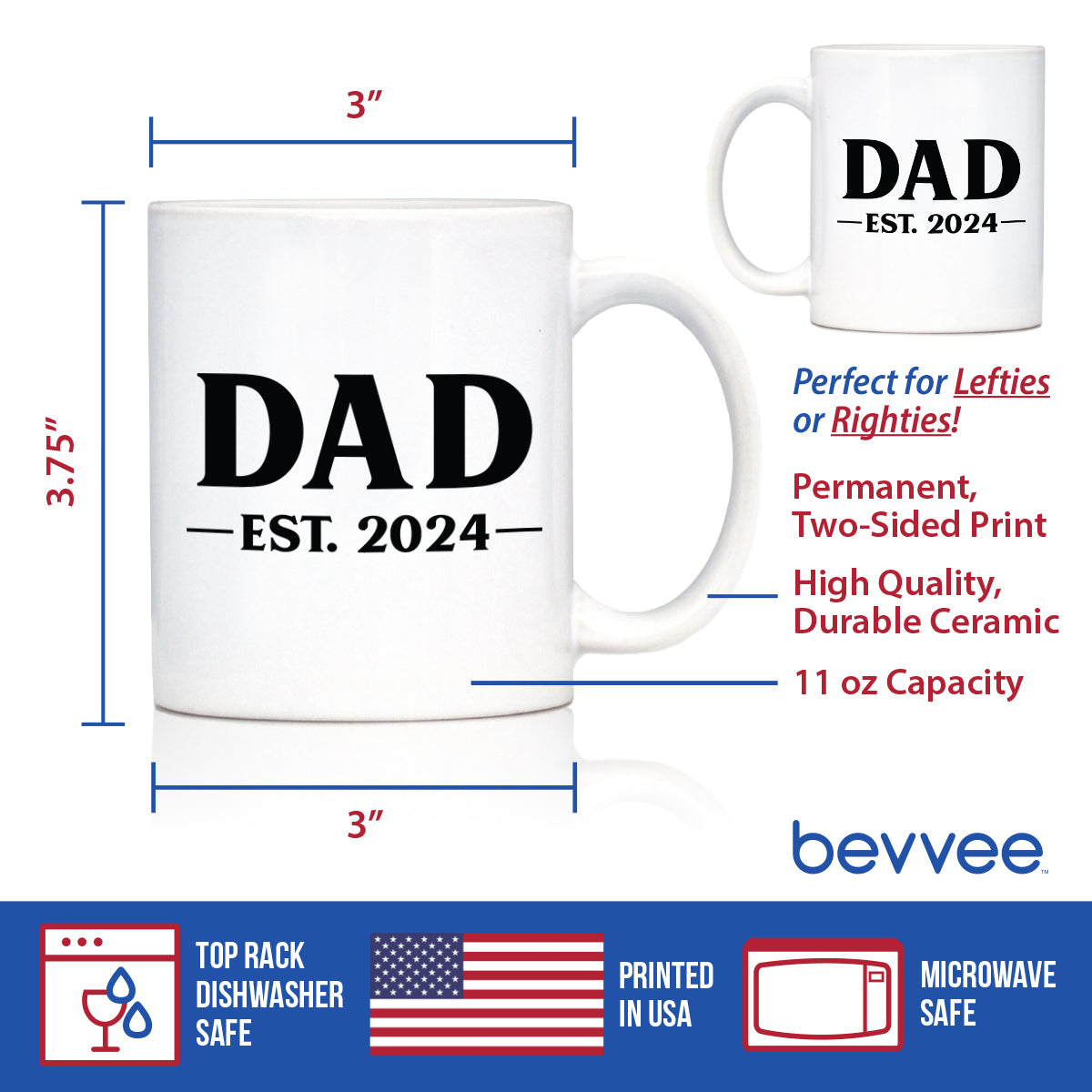 Dad Est 2024 - New Father Coffee Mug Gift for First Time Parents - Bold