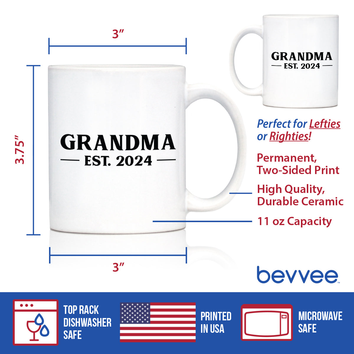 Grandma Est 2024 - New Grandmother Coffee Mug Gift for First Time Grandparents - Bold