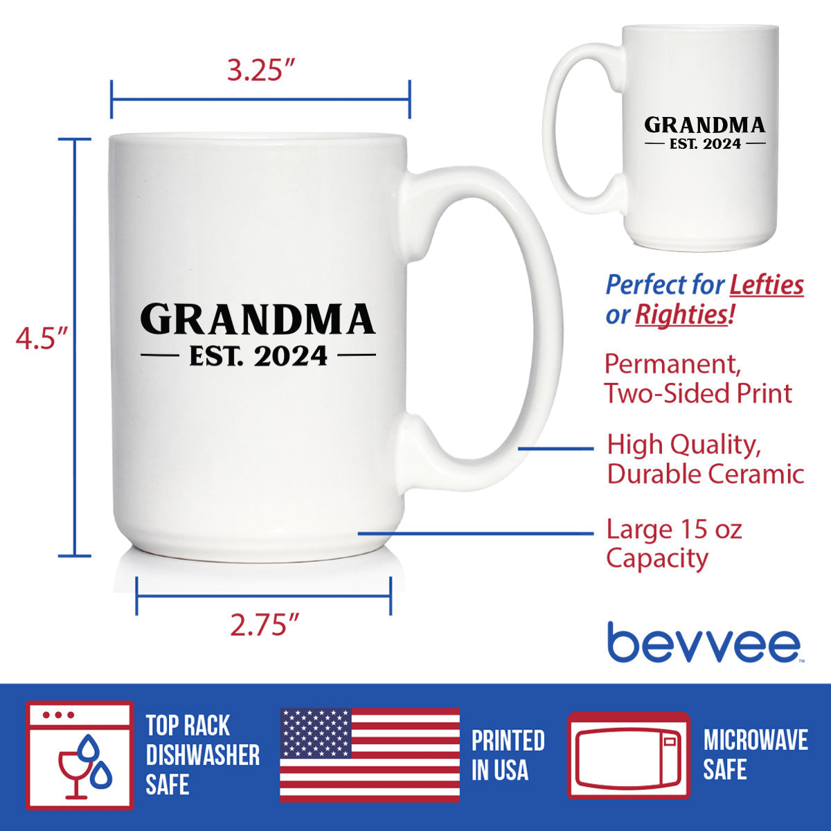 Grandma Est 2024 - New Grandmother Coffee Mug Gift for First Time Grandparents - Bold