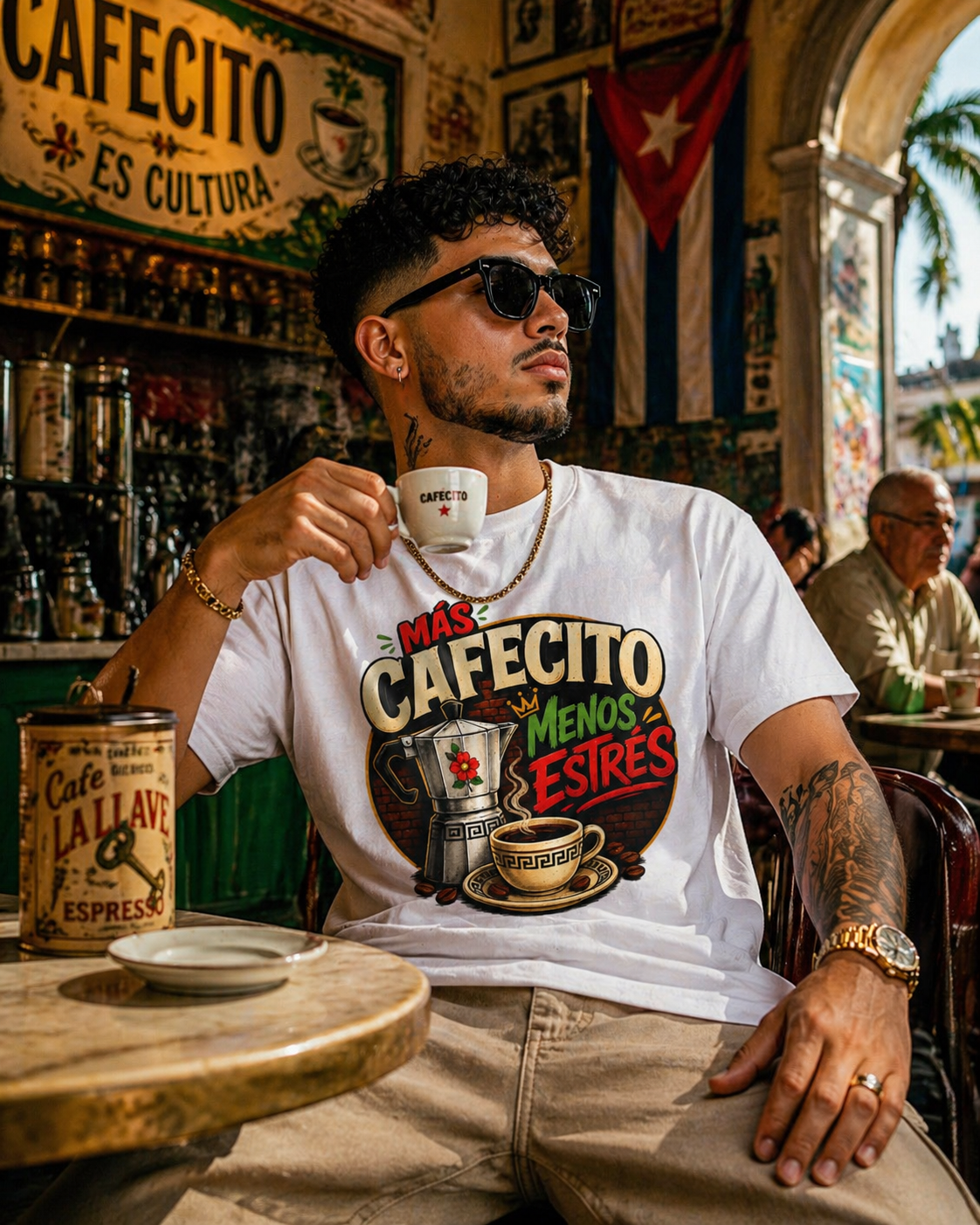 MAS CAFECITO, MENOS ESTRES (More coffee, less stress) T-shirt | Classic Greca, Funny Latino Pride | Heavyweight Cotton