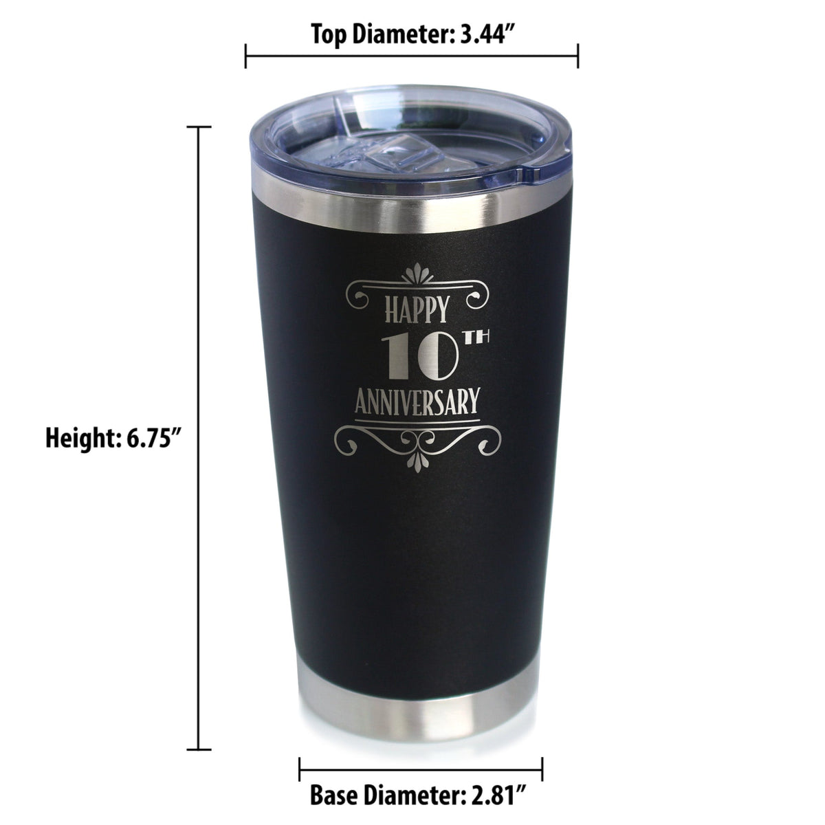 Happy 10th Anniversary Gifts Insulated Coffee Tumbler with Sliding Lid 10 Year Anniversary Art Deco Party Decor 20oz Stainless Steel Tumbler