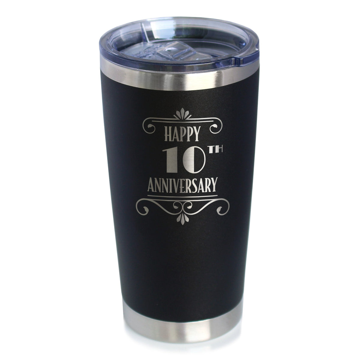 Happy 10th Anniversary Gifts Insulated Coffee Tumbler with Sliding Lid 10 Year Anniversary Art Deco Party Decor 20oz Stainless Steel Tumbler