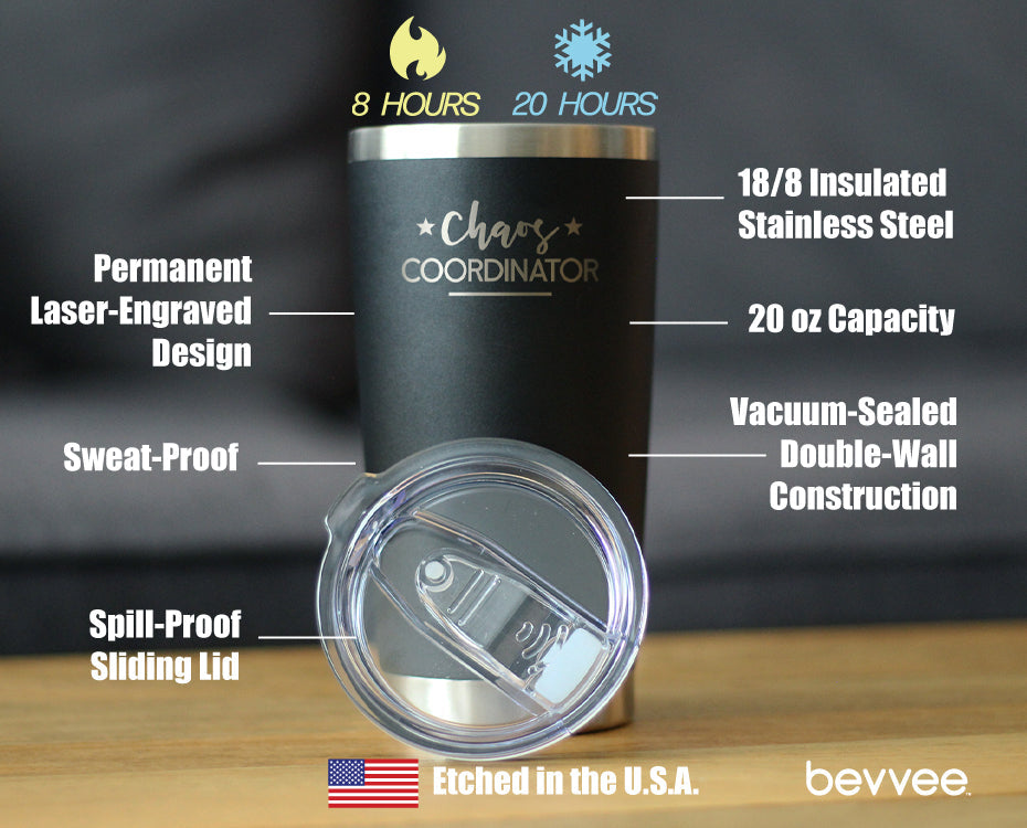 Chaos Coordinator - Insulated Coffee Tumbler Cup with Sliding Lid - Stainless Steel Travel Mug - Unique Gift for Bosses, Parents, and Teachers