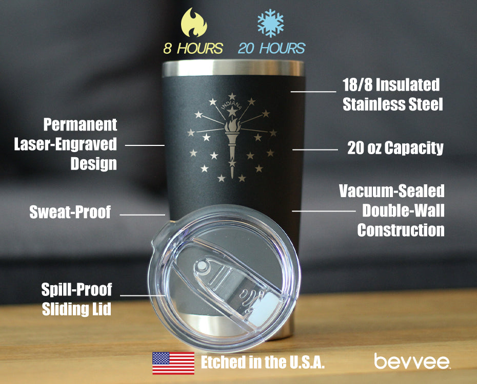 Flag of Indiana - Insulated Coffee Tumbler Cup with Sliding Lid - Stainless Steel Travel Mug - Indiana Gifts for Women and Men Indianans
