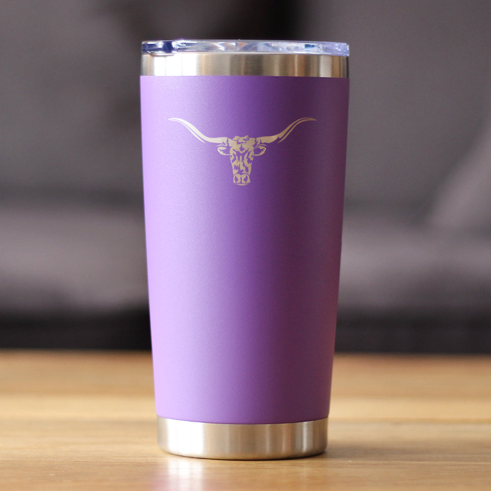 Longhorn - Insulated Coffee Tumbler Cup with Sliding Lid - Stainless Steel Insulated Mug - Western Themed Farm Decor and Gifts for Texan Ranchers