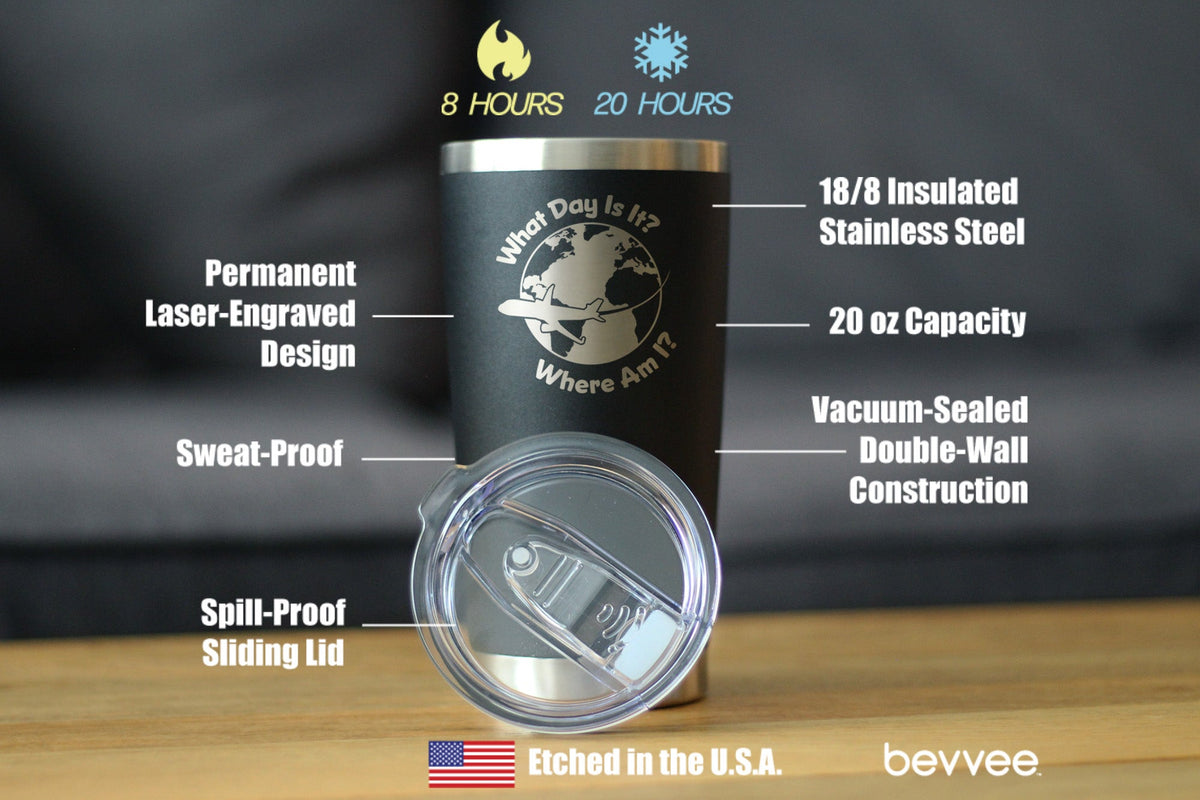 What Day Is It - Insulated Coffee Tumbler Cup with Sliding Lid - Stainless Steel Insulated Mug - Funny Flight Attendant Gifts for Flight Attendants & Pilots