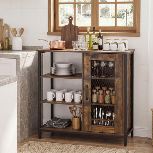 Industrial Side Cabinet with Metal Mesh Door & 3 Shelves