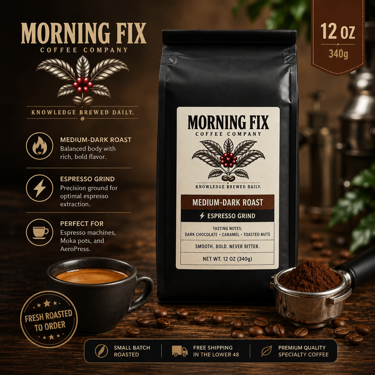 Medium-Dark Roast Coffee | ⚡Espresso Grind | 12 OZ
