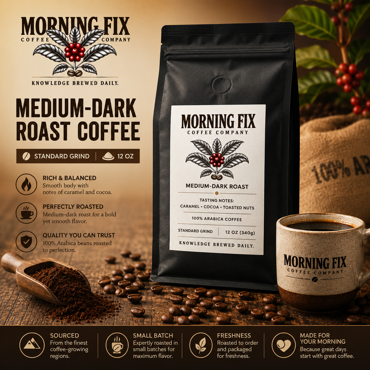 Medium-Dark Roast Coffee | ☕Standard Grind | 12 OZ