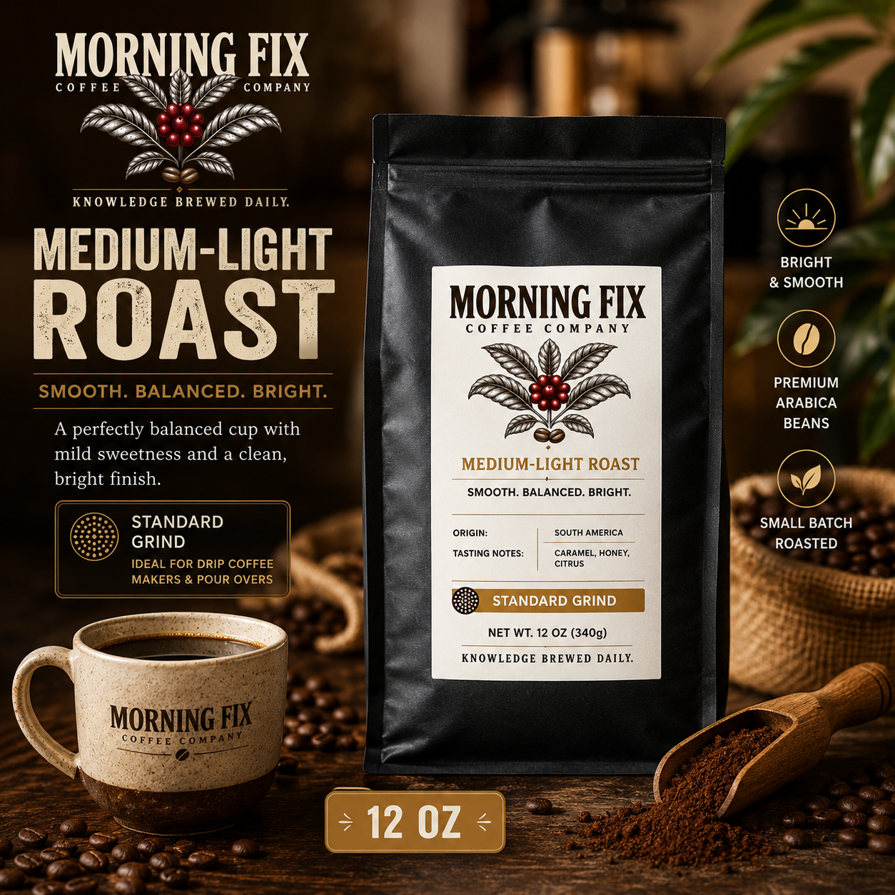 Medium-Light Roast Coffee | ☕Standard Grind | 12 OZ