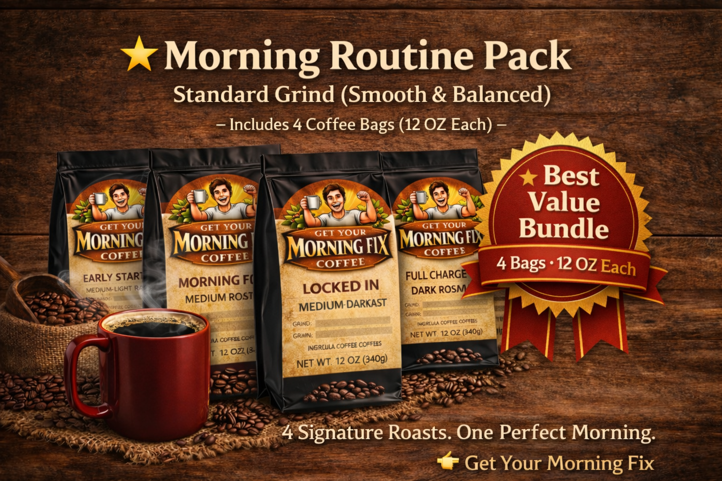 Morning Fix Coffee Morning Routine Pack fresh roasted ground coffee with steaming cup