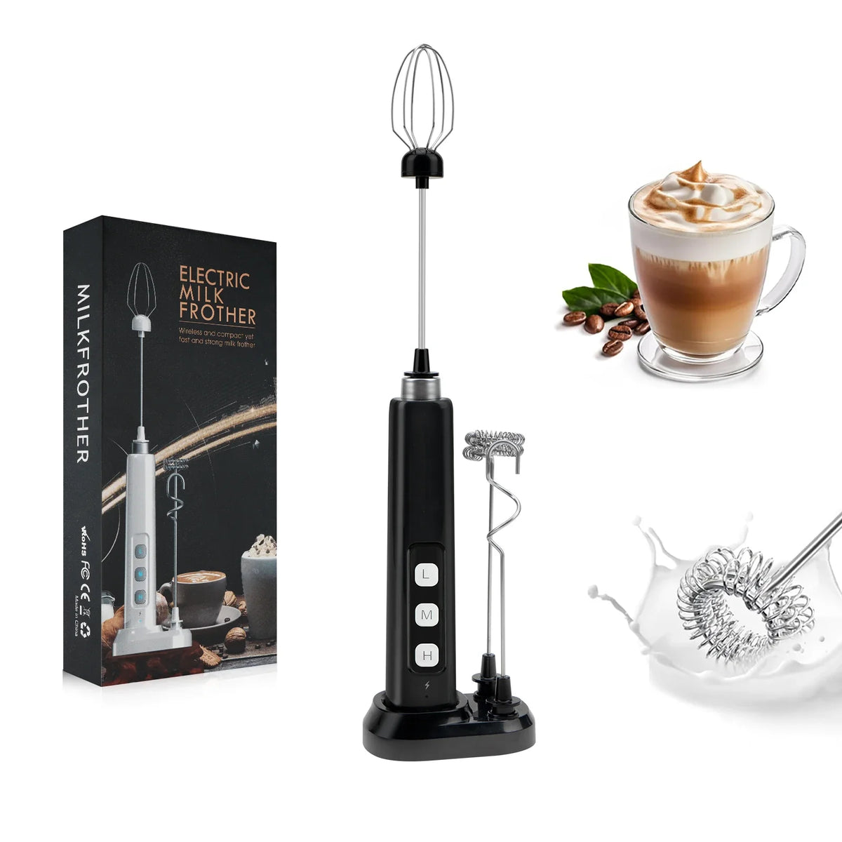 Wireless Rechargeable Electric Milk Frother - 3 Speeds, Handheld Foam Maker for Latte, Cappuccino, Hot Chocolate - USB Rechargea