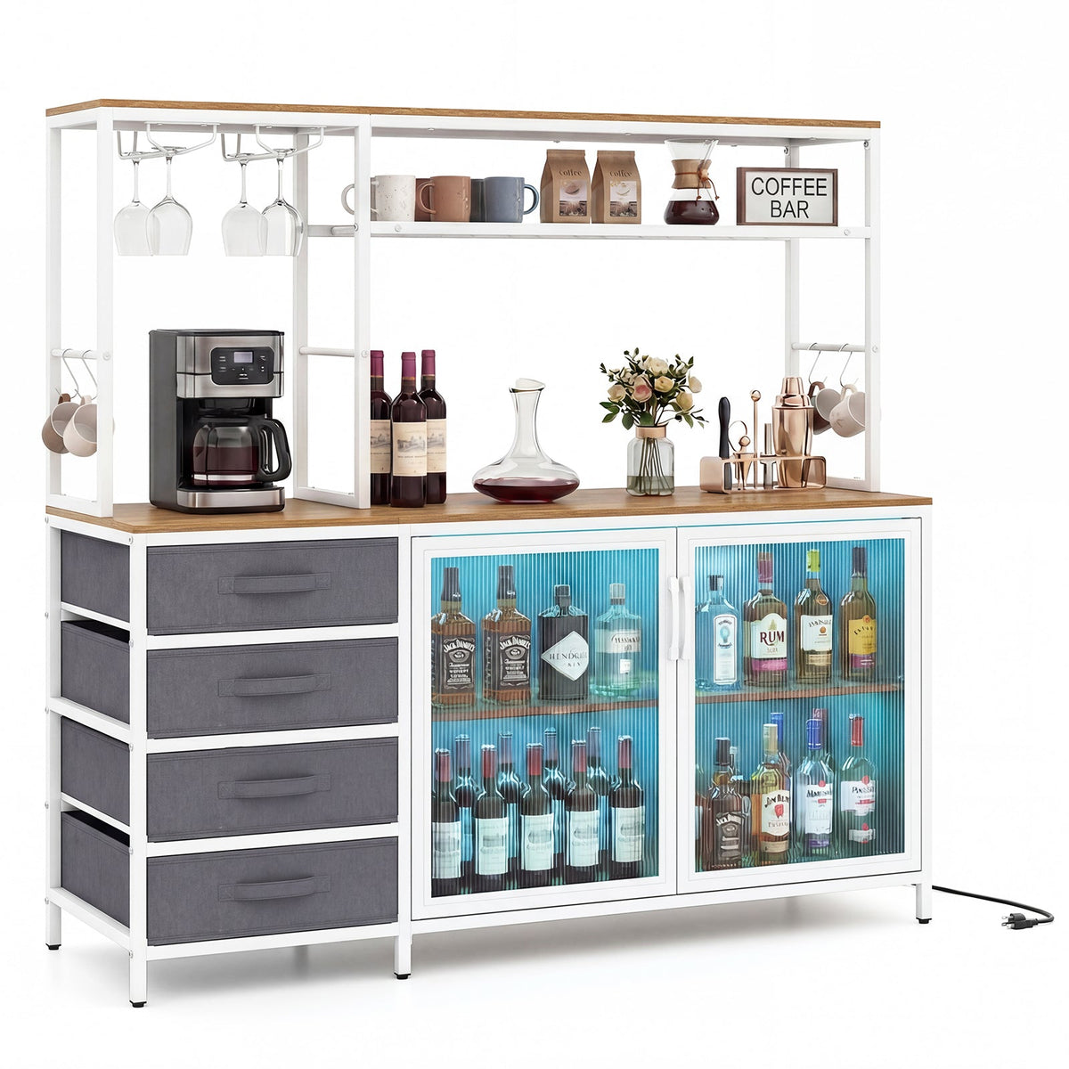 Sideboard Buffet Cabinet with LED Lights 55 inch Coffee Table with Power Outlets