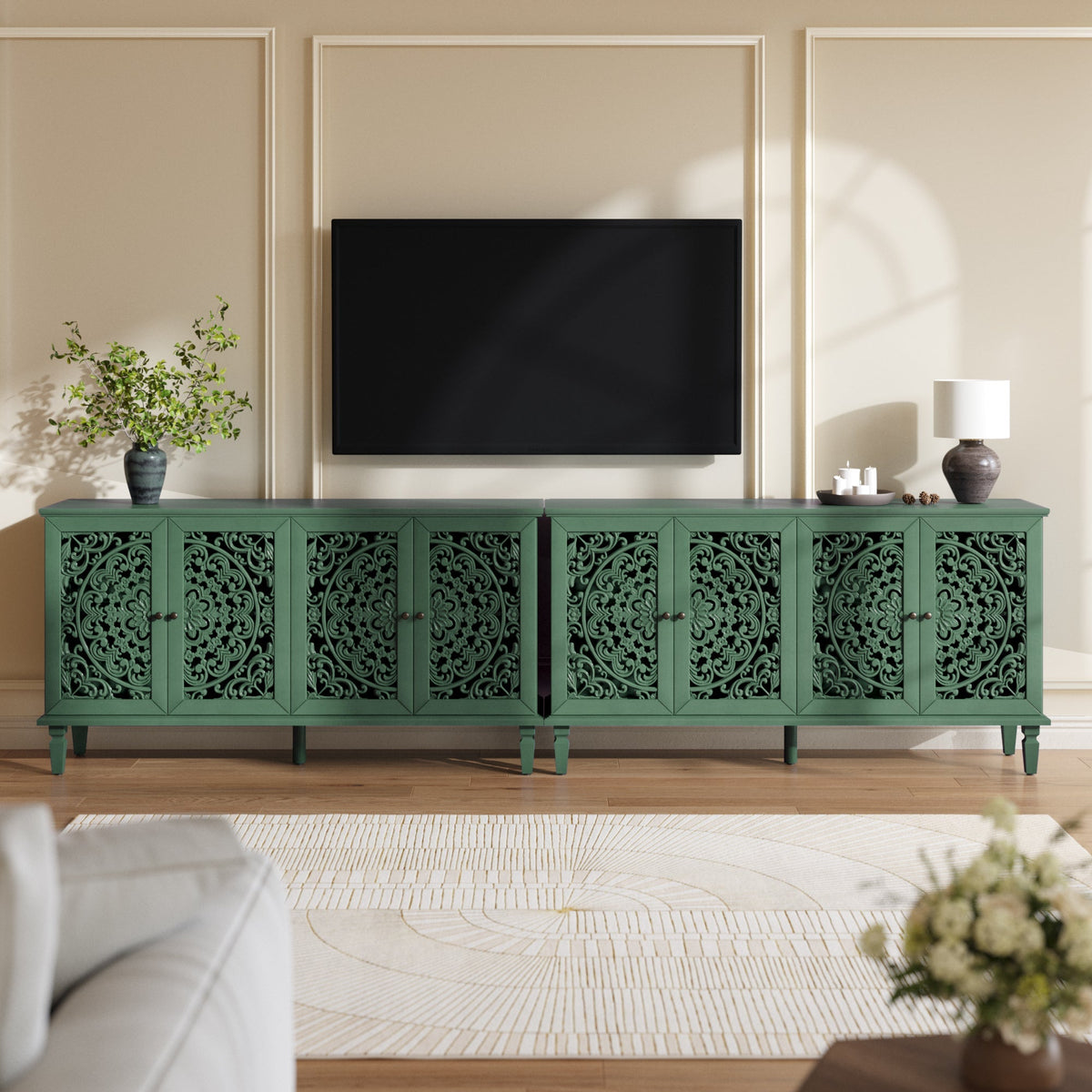 60-Inch Antique Buffet Cabinet with Floral Carvings - Antique Green