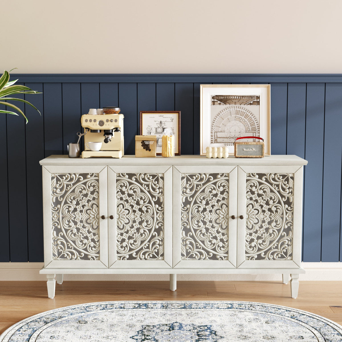 Antique Buffet Cabinet with Floral Carvings and Solid Wood Legs - Antique Grey White