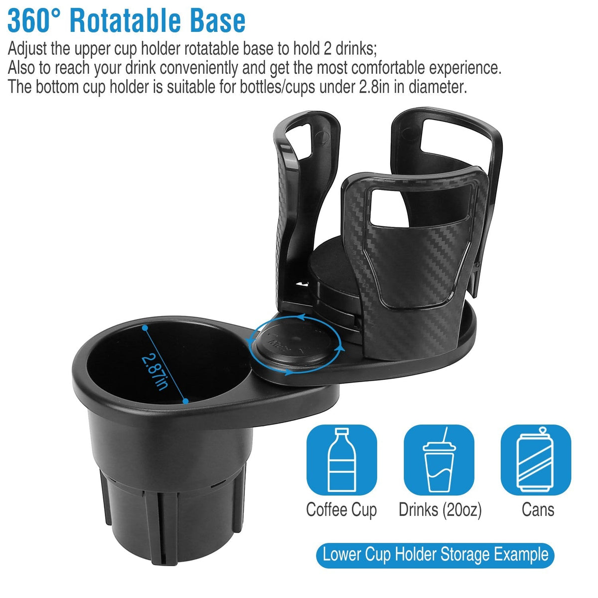 2 In 1 Car Cup Holder Extender Adapter 360¡ Rotating Dual Cup Mount Organizer Holder For Most 20 oz Up To 5.9" Coffee Drinking Bottles Key Glass Stora