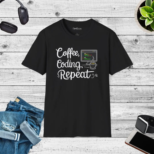 DipaliZ T-shirt Coffee Coding Repeat - Soft Cotton T-shirt