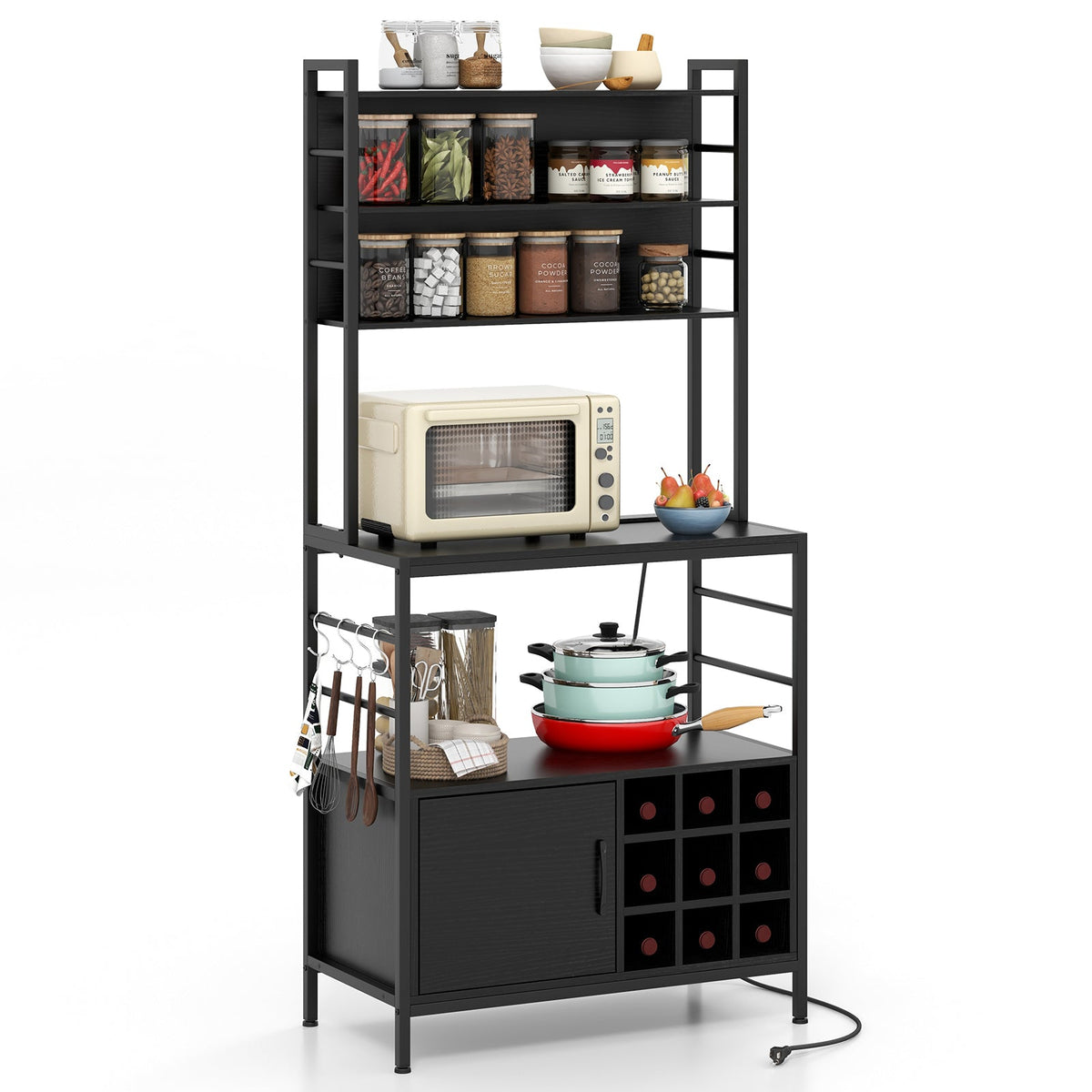 Coffee Bar Cabinet with S-Shaped Hooks and Wine Bottle Holders