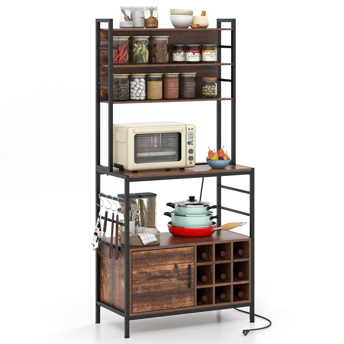Coffee Bar Cabinet with S-Shaped Hooks and Wine Bottle Holders