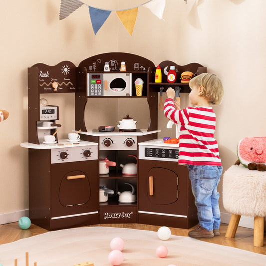 Corner Wooden Play Kitchen with Coffee Machine and Slide for Kids-Brown