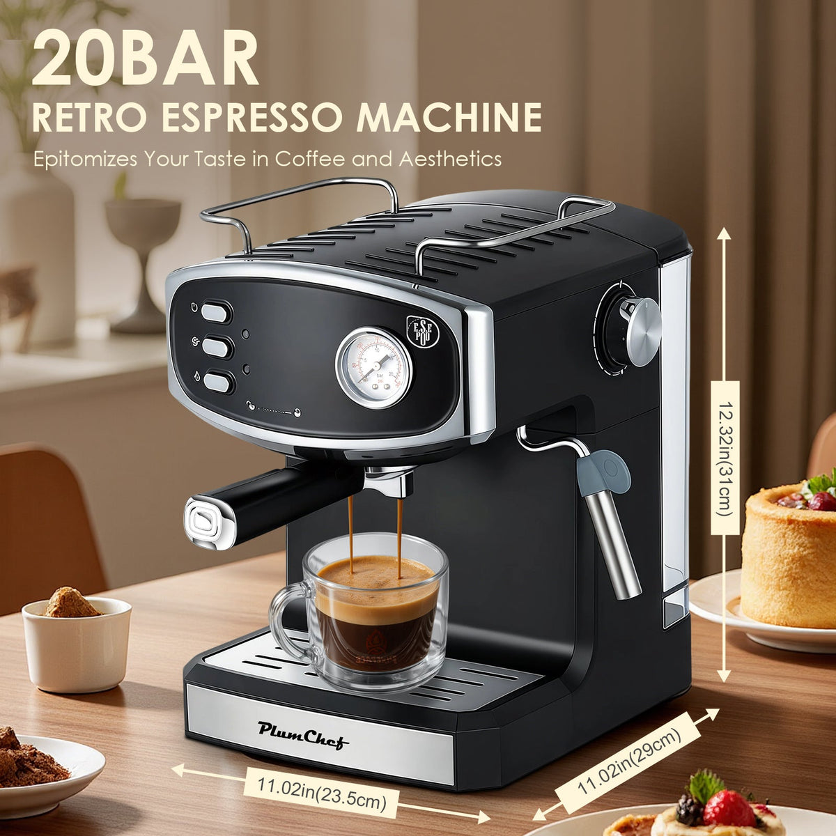 20 Bar Espresso Machine with Semi-Automatic Control - Black or Blue
