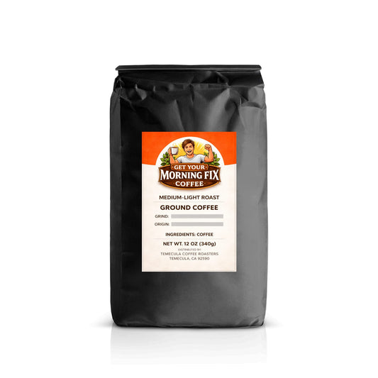 Morning Fix Coffee Early Start medium-light roast espresso grind coffee 12 oz with steaming cup and coffee beans.