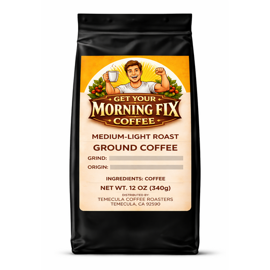 Morning Fix Coffee Early Start medium light roast fresh roasted coffee with steaming cup and coffee beans.