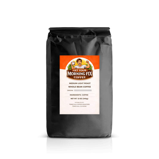 Morning Fix Coffee Early Start medium light roast whole bean coffee 12 oz with coffee beans and brewed cup.