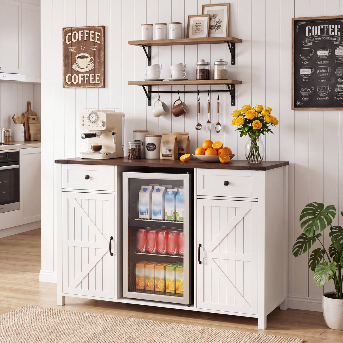 Farmhouse Coffee Bar with Mini Fridge Space and Charging Station