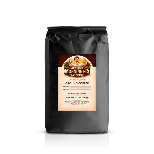 Morning Fix Coffee Full Charge dark roast coarse grind fresh roasted coffee with steaming cup and beans.