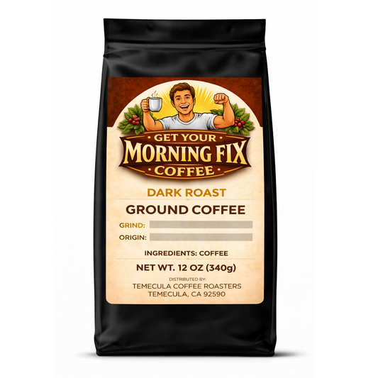 Full Charge dark roast coffee with fresh brewed cup and beans.