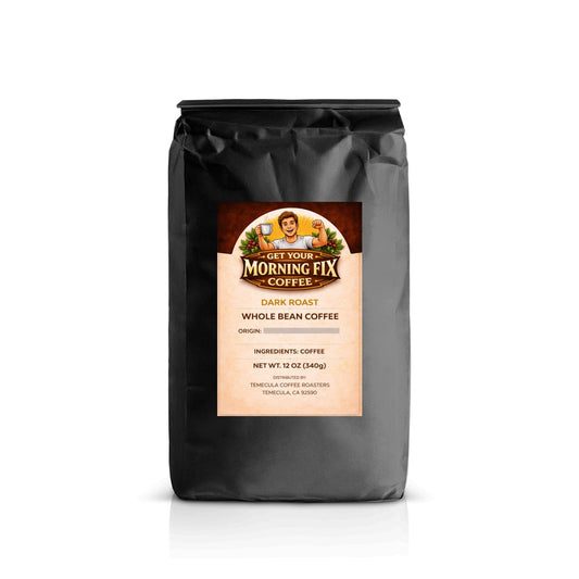 Morning Fix Coffee Full Charge dark roast whole bean fresh roasted coffee with cup and coffee beans