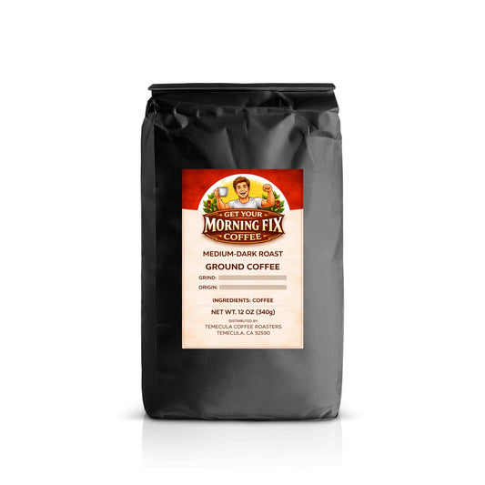 Morning Fix Coffee Locked In medium dark roast coarse grind coffee with steaming cup and coffee beans