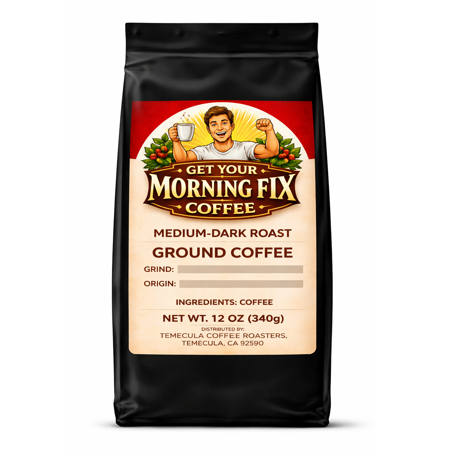 Morning Fix Coffee Locked In medium-dark roast fresh roasted coffee with steaming cup and coffee beans.