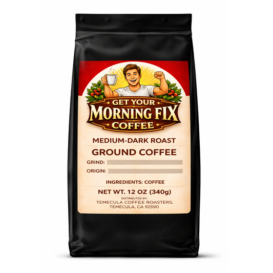 Morning Fix Coffee Locked In medium-dark roast fresh roasted coffee with steaming cup and coffee beans.