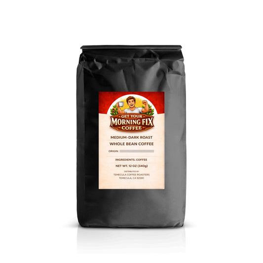 Morning Fix Coffee Locked In medium dark roast whole bean coffee 12 oz with fresh brewed cup and coffee beans.
