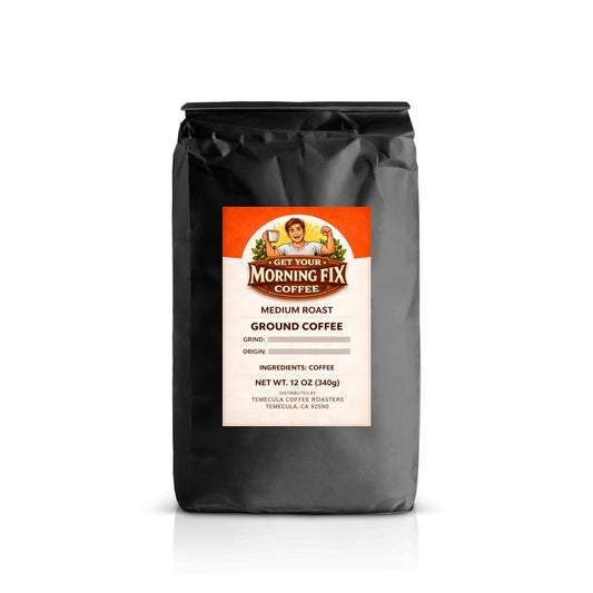 Morning Fix medium roast espresso grind coffee 12 oz bag with brewed cup.