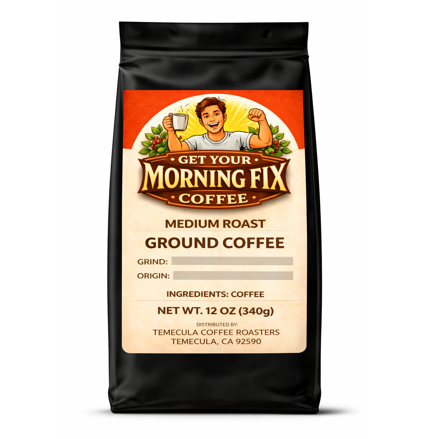 Morning Fix medium roast fresh roasted coffee with steaming cup and coffee beans.